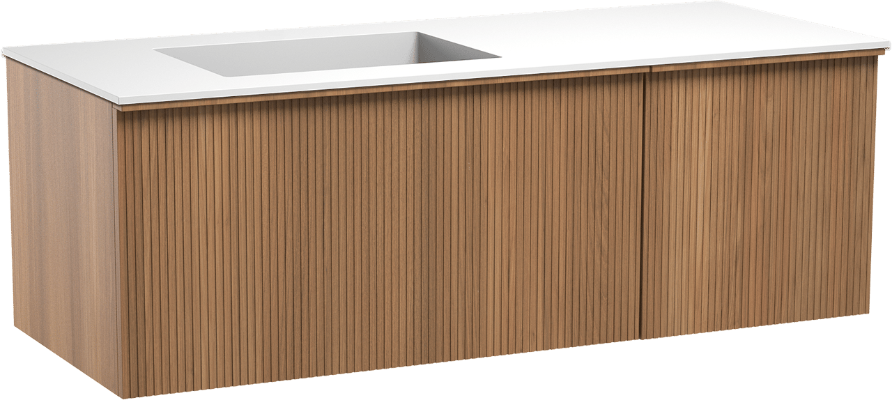 Balmani Forma hängendes Möbelstück Set: 135 x 55 cm, Teak, mit Tablo Stretto Waschtisch links, Solid Surface, Weiß matt, Vertikale symmetrische gerade Rippe