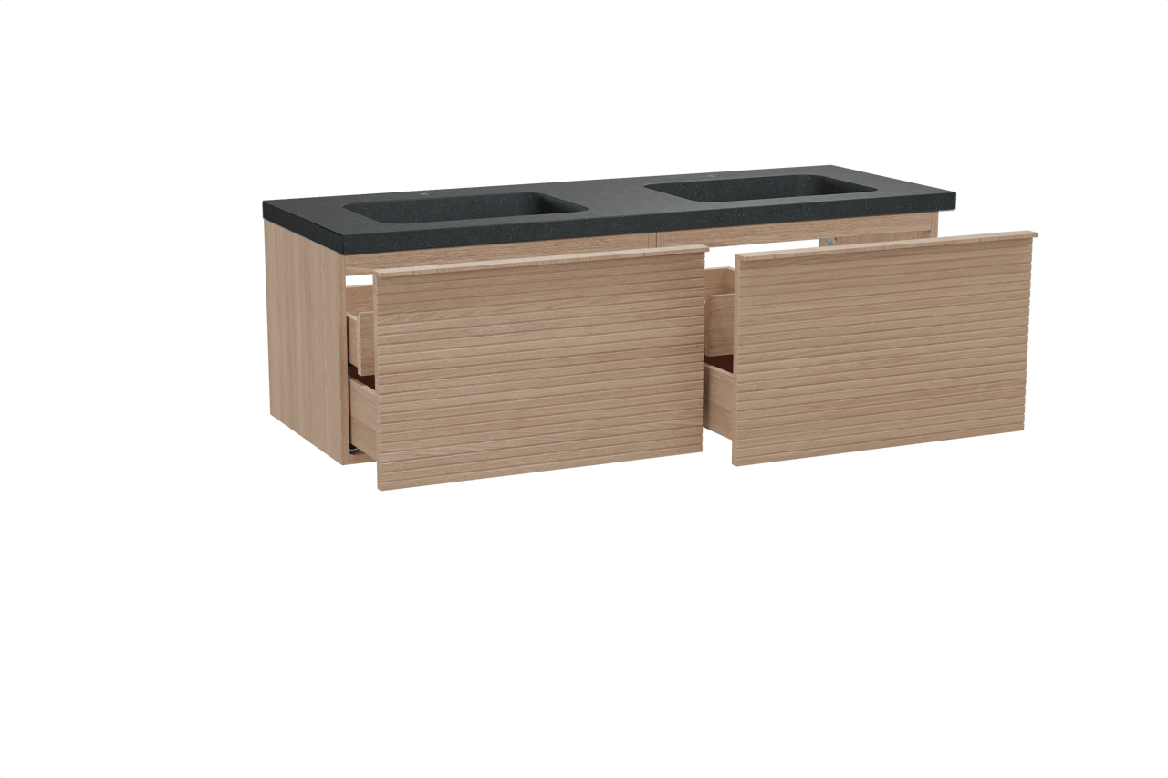 Balmani Forma zwevend badkamermeubel 150 x 55 cm natuur eik met Napoli dubbele wastafel in graniet zwart, Horizontale symmetrische rechte ribbel