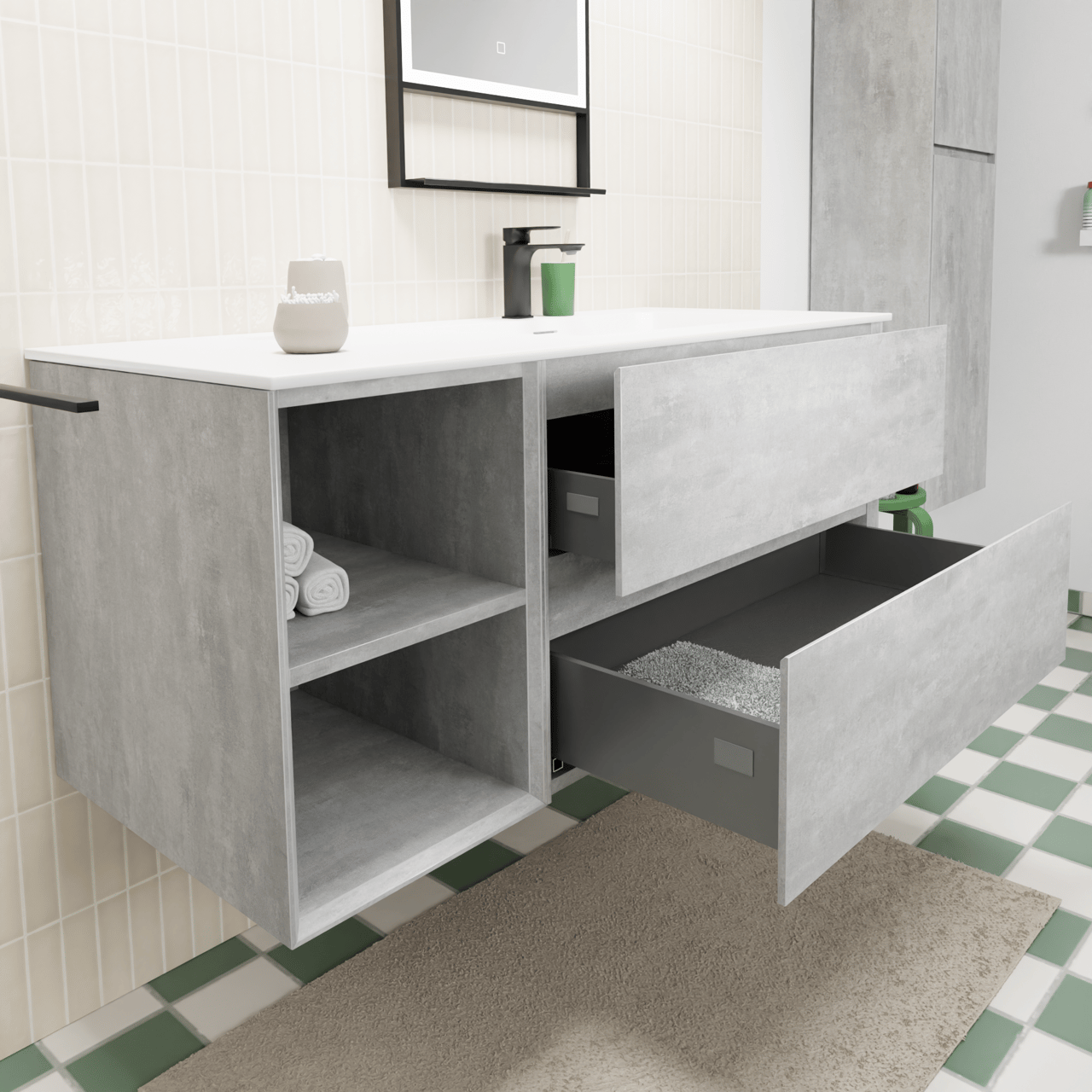 Storke Edge zwevend badmeubel 120 x 52 cm beton donkergrijs met Mata asymmetrisch rechtse wastafel in solid surface mat wit