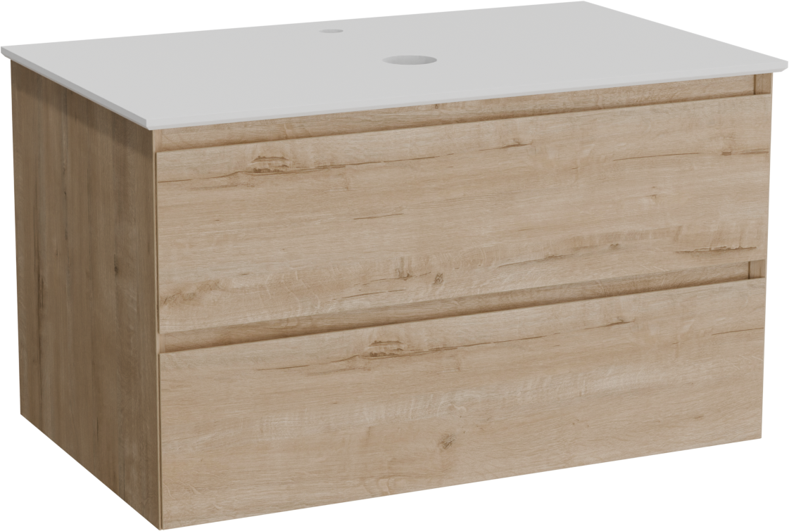 Balmani Mitra hängendes Möbelstück Set: 90 x 55 cm, Rohe Eiche, mit Facetta Einzel Waschtischplatte, Solid Surface Weiß matt