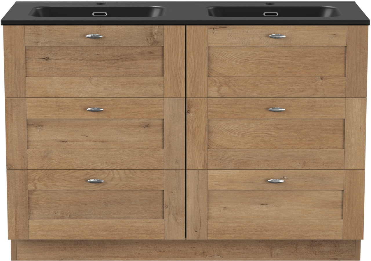 Linie Classo freistehendes Möbelstück Set: 120 x 46 cm, Naturbelassene Eiche, mit Baro Doppelwaschtisch, Porzellan Schwarz matt