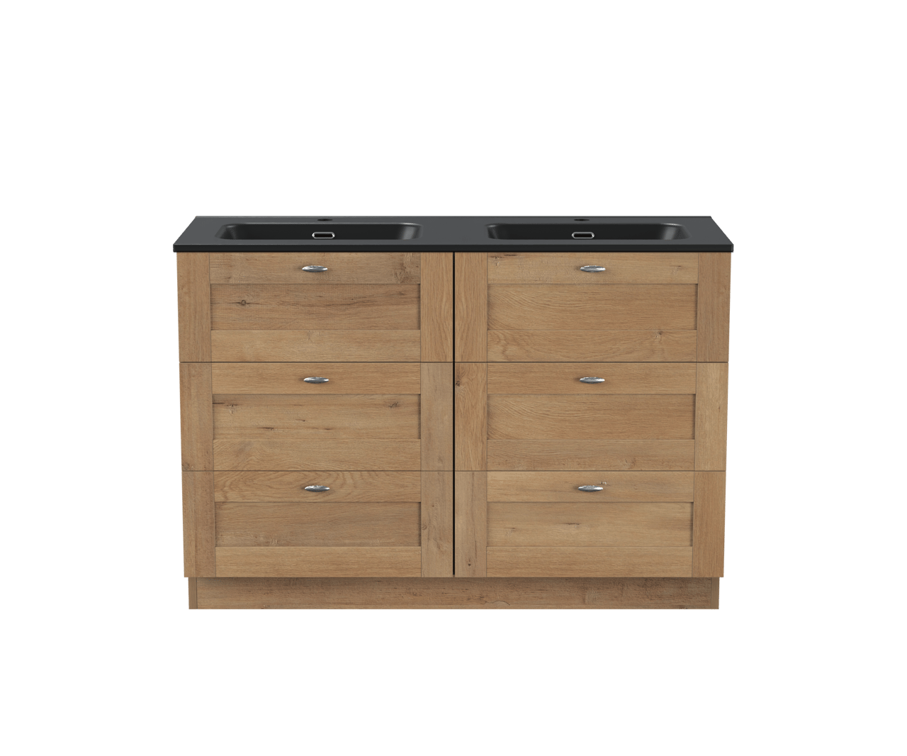 Linie Classo freistehendes Möbelstück Set: 120 x 46 cm, Naturbelassene Eiche, mit Baro Doppelwaschtisch, Porzellan Schwarz matt