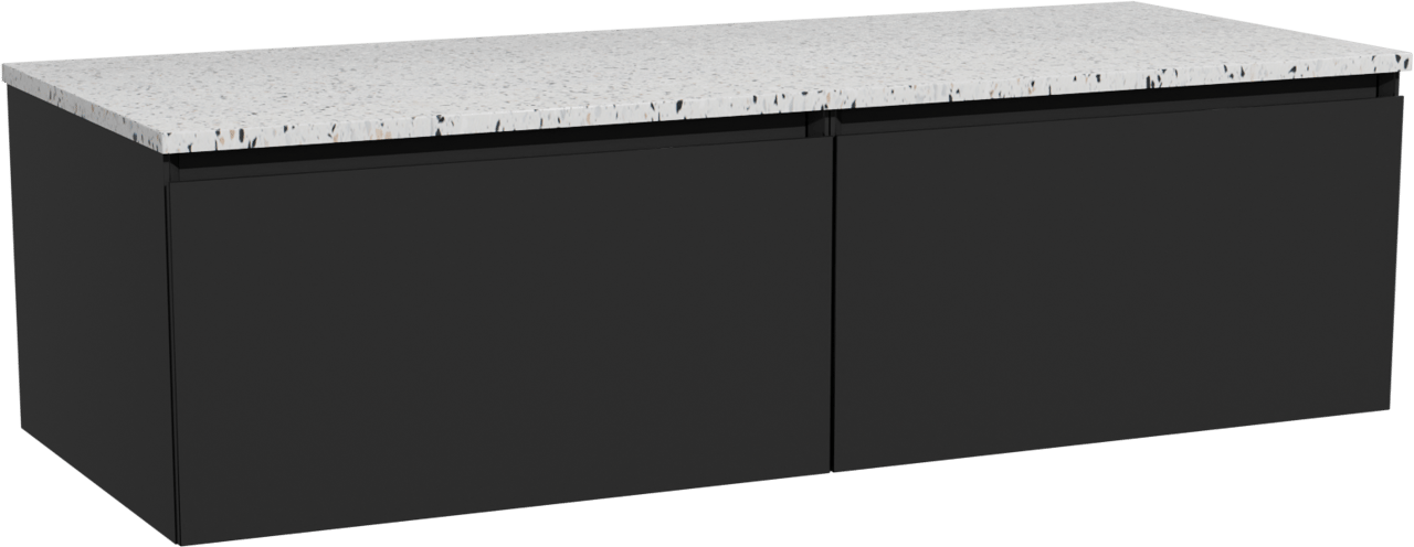 Storke Edge zwevend badmeubel 130 x 52 cm mat zwart met Tavola enkel of dubbel wastafelblad in mat wit/zwart terrazzo