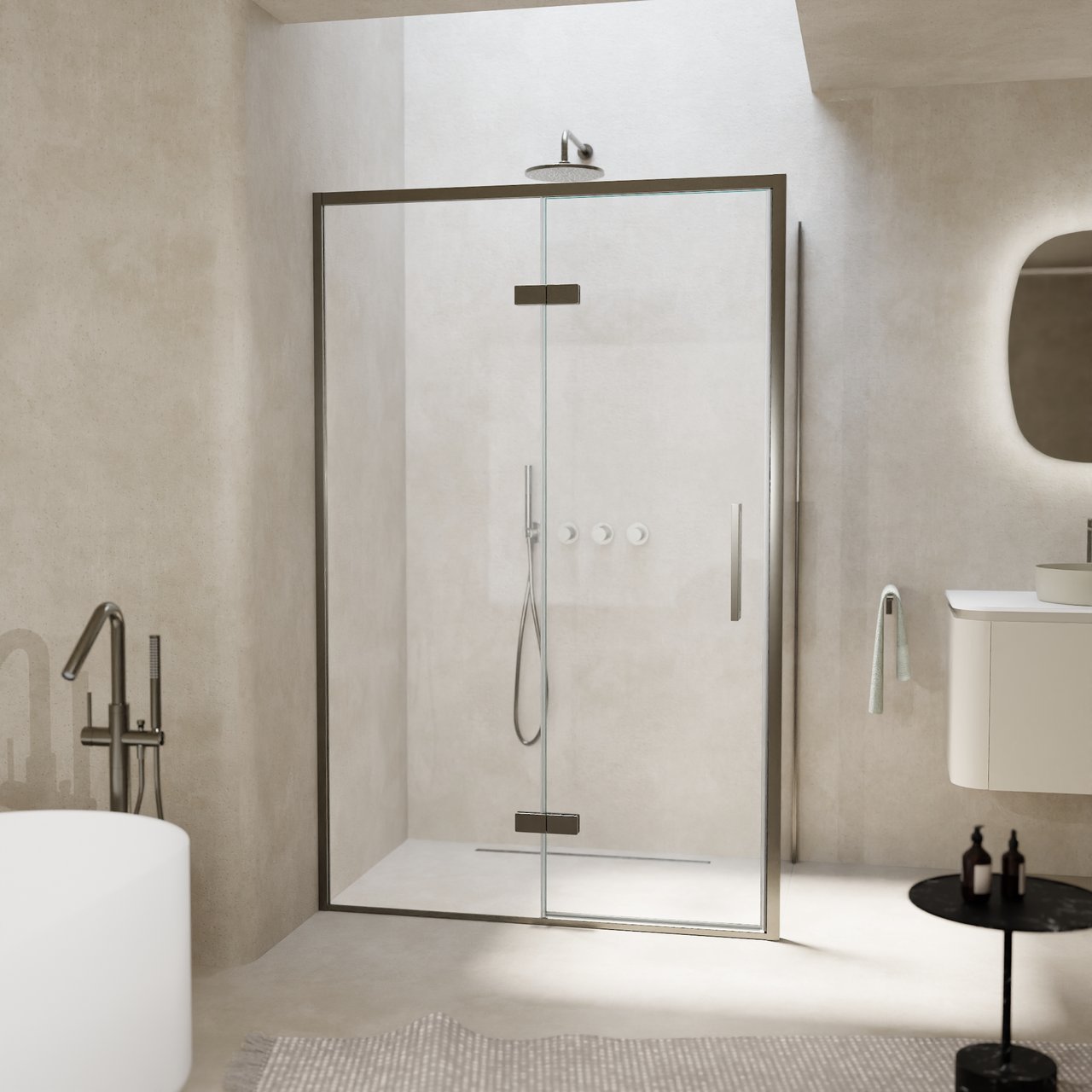 Balmani Senses Design Eckdusche: Drehtür (Links) mit fixierte Seitenwand, 120 x 70 cm, Klarglas, Profil Brushed GunMetal