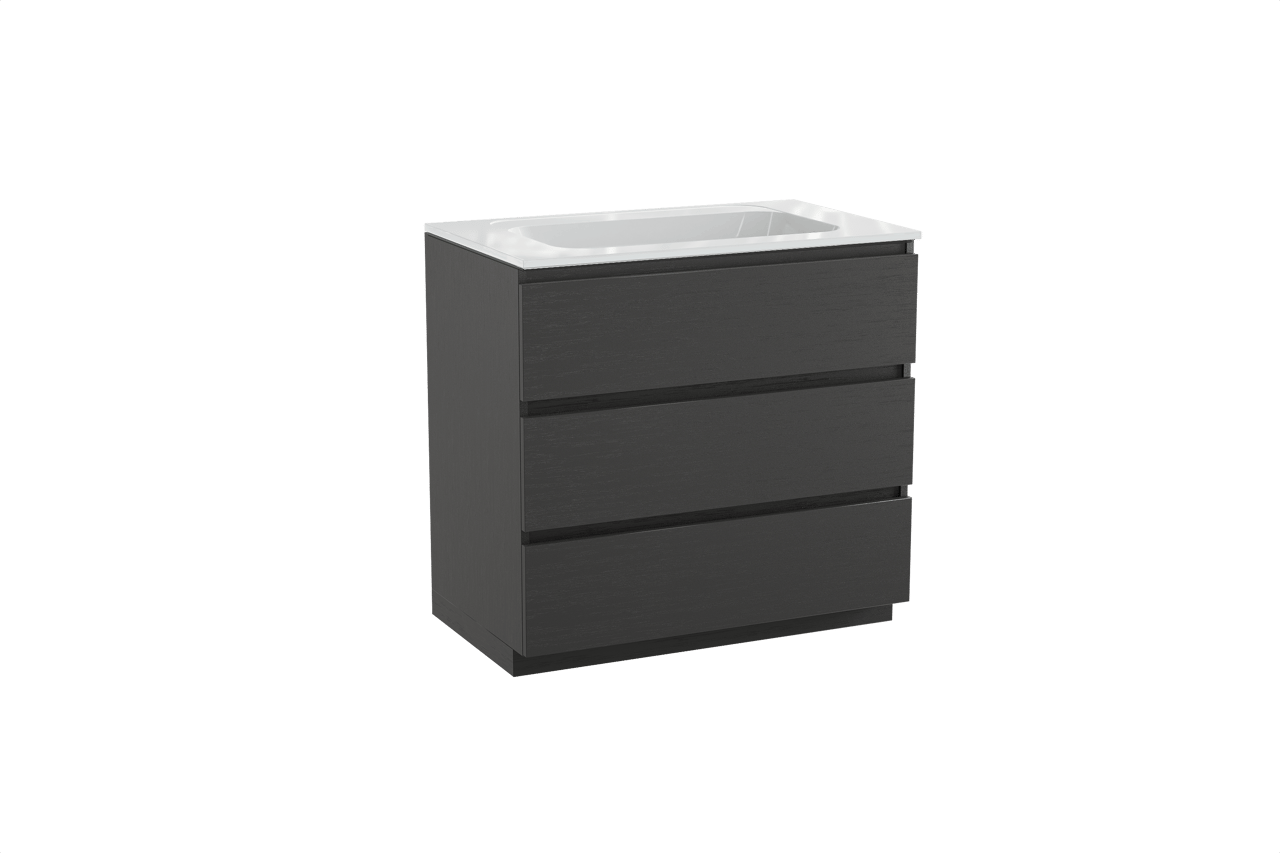 Balmani Lucida freistehendes Möbelstück Set: 90 x 55 cm, Schwarze Eiche, mit Tablo Strada Einzelwaschtisch, Marmorkomposit Weiß glänzend