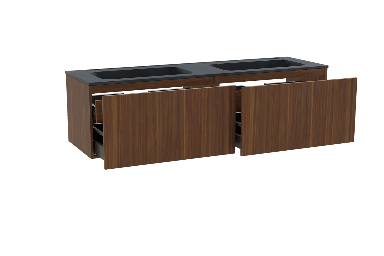 Balmani Sfera zwevend badkamermeubel 180 x 55 cm amerikaanse notelaar met Tablo Strada dubbele wastafel in composietmarmer mat zwart