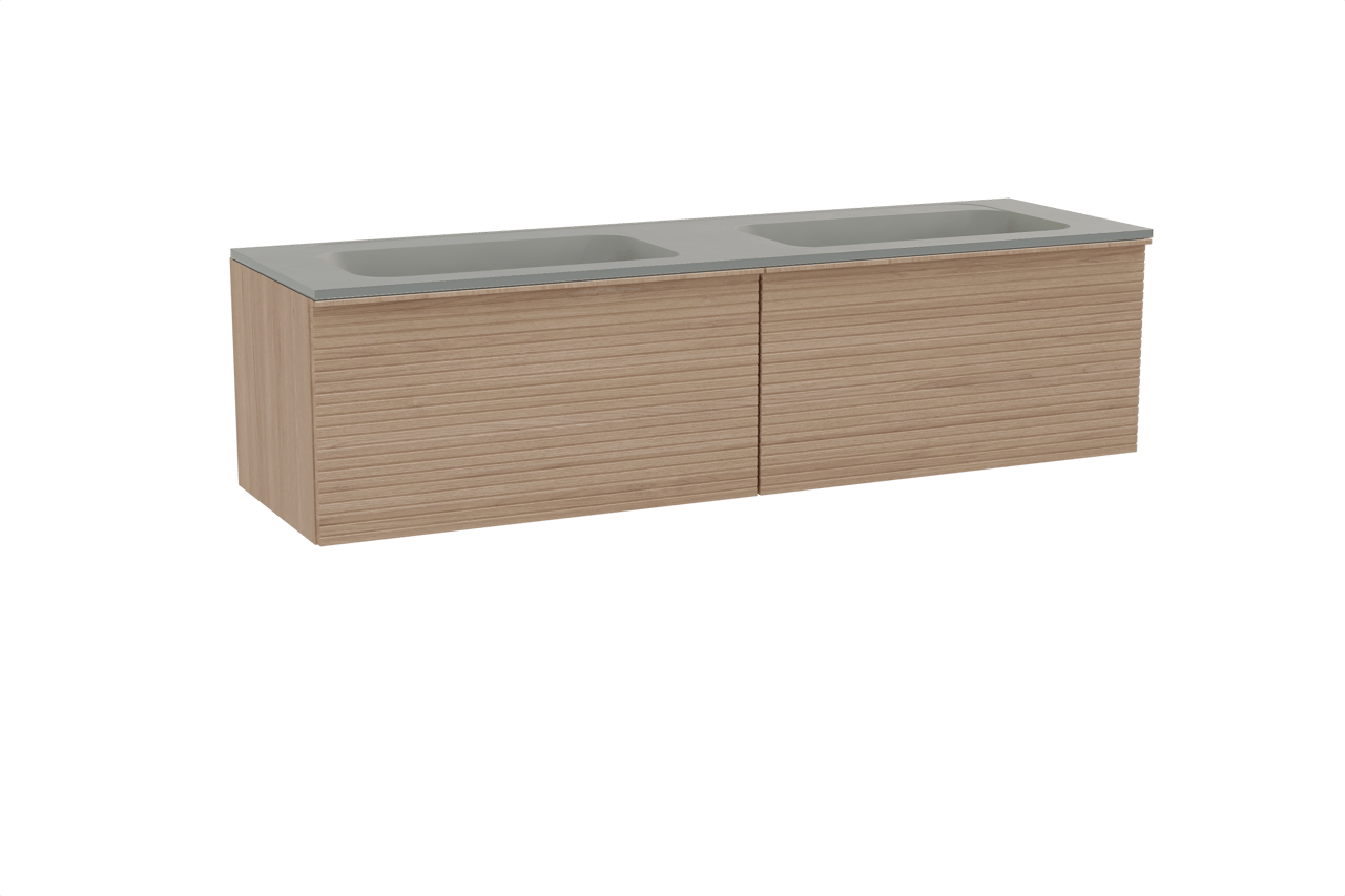 Balmani Forma meuble salle de bains suspendu 180 x 55 cm chêne naturel avec Tablo Strada double vasque en marbre composite soie grise, Nervure droite symétrique horizontale