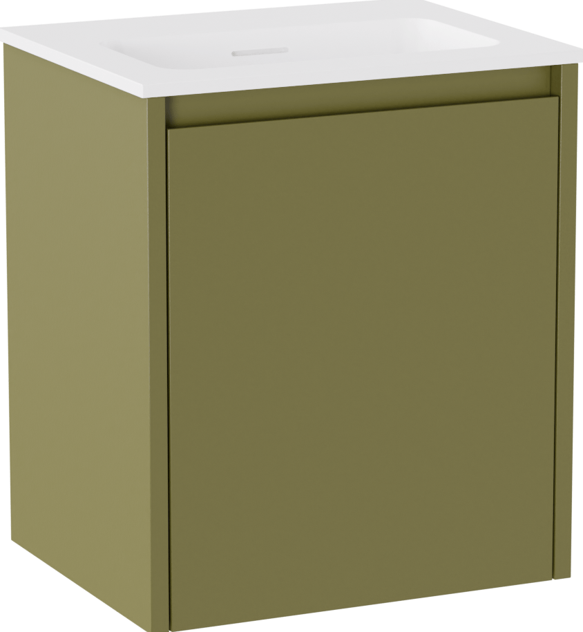 Storke Seda meuble salle de bains suspendu 45 x 35 cm vert olive avec Mata plan simple en Solid Surface blanc mat