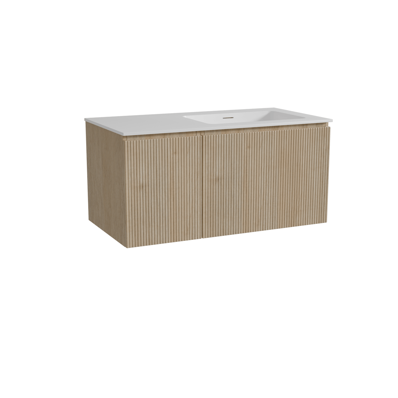 Storke Ribs meuble salle de bains suspendu 100 x 52 cm chêne brut avec Mata vasque asymétrique droite en solid surface blanc mat, Nervure droite symétrique verticale