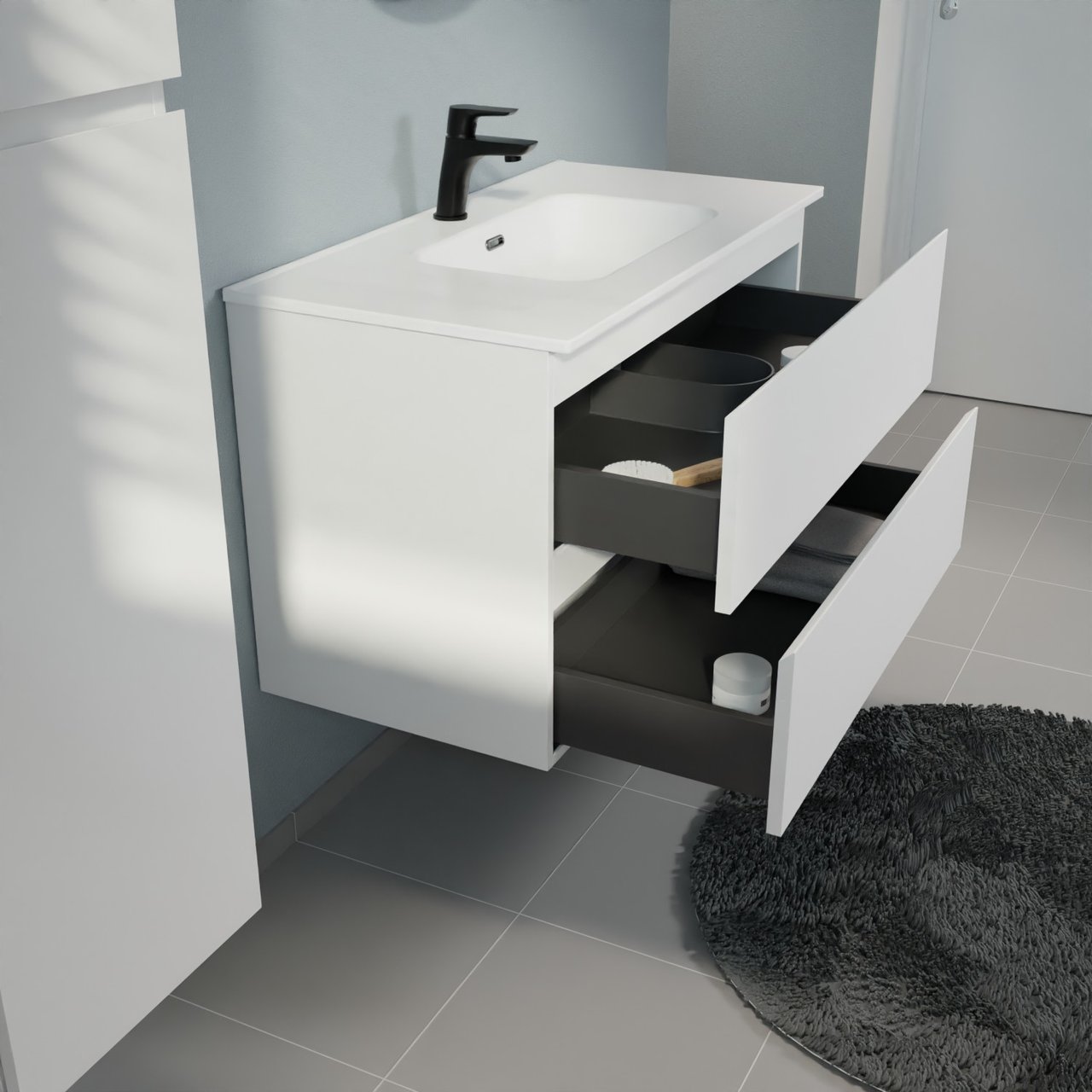 Linie Lado meuble salle de bains suspendu 90 x 46 cm blanc mat avec Baro plan simple en porcelaine blanc brillant