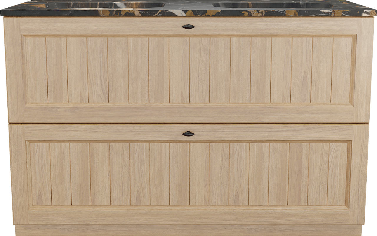 Balmani Lemon staand badkamermeubel 135 x 55 cm, fineer natuur eik met Tablo Arcato dubbele wastafel in portoro gold