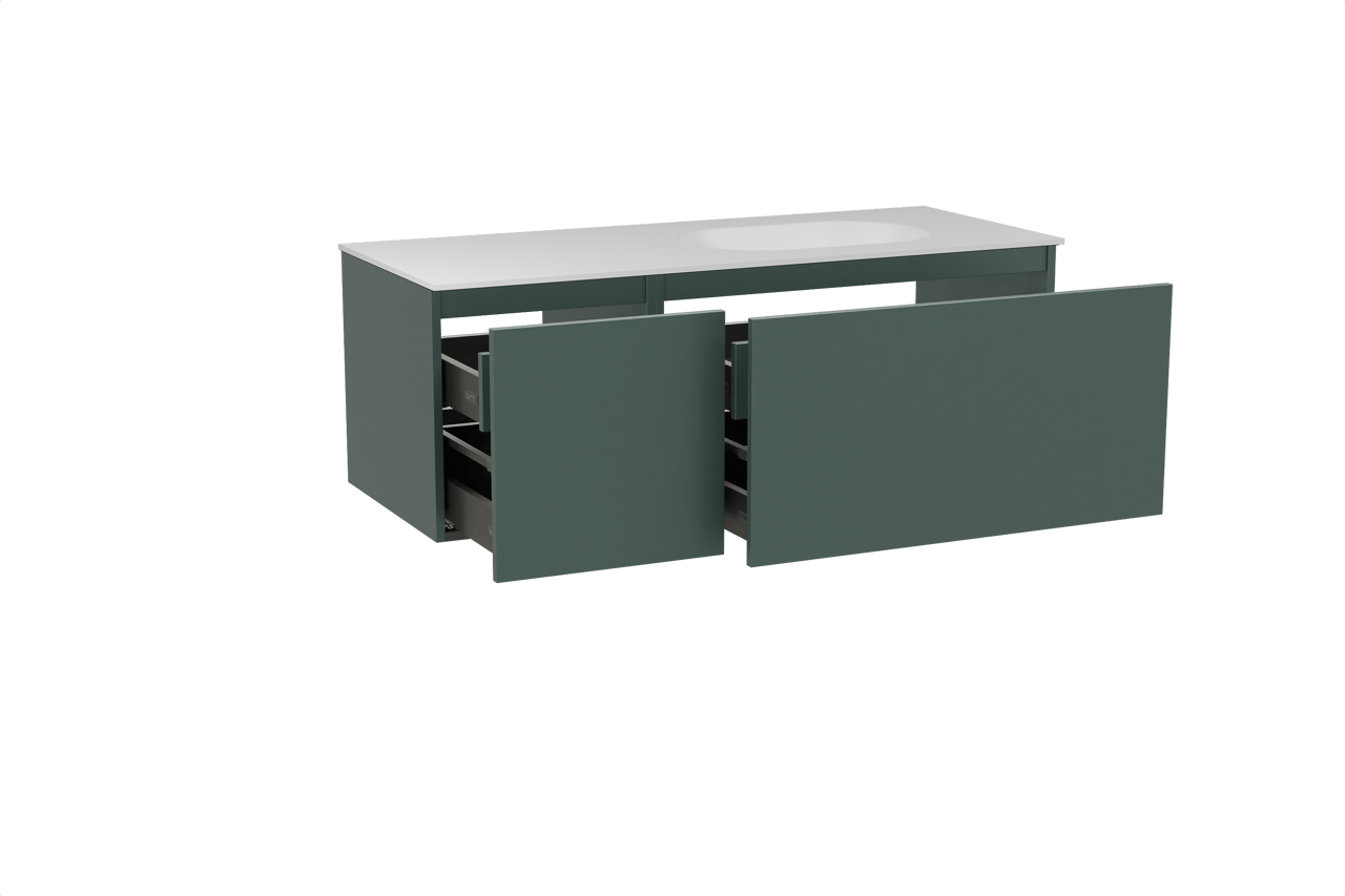 Balmani Sfera meuble salle de bains suspendu 135 x 55 cm forest avec Tablo Oval vasque asymétrique droite en solid surface blanc mat