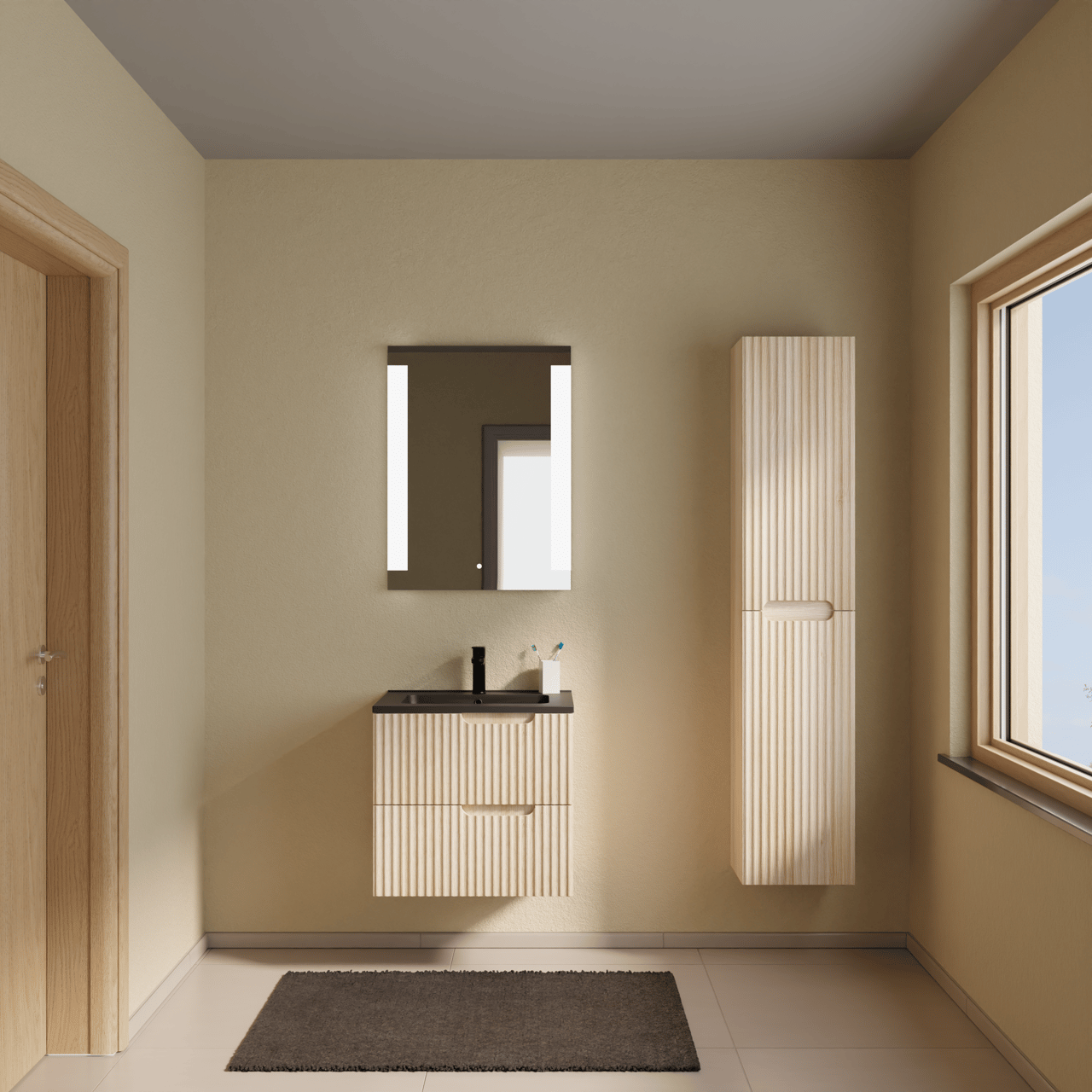 Linie Ribbo meuble salle de bains suspendu 60 x 46 cm chêne clair avec Vano plan simple en marbre composite noir mat, Nervure circulaire symétrique verticale