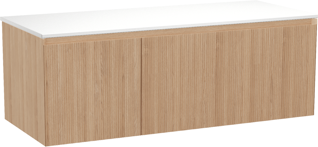 Balmani Fila zwevend badkamermeubel 135 x 55 cm natuur eik met Stretto enkel of dubbel tablet in solid surface mat wit, Verticale symmetrische rechte ribbel