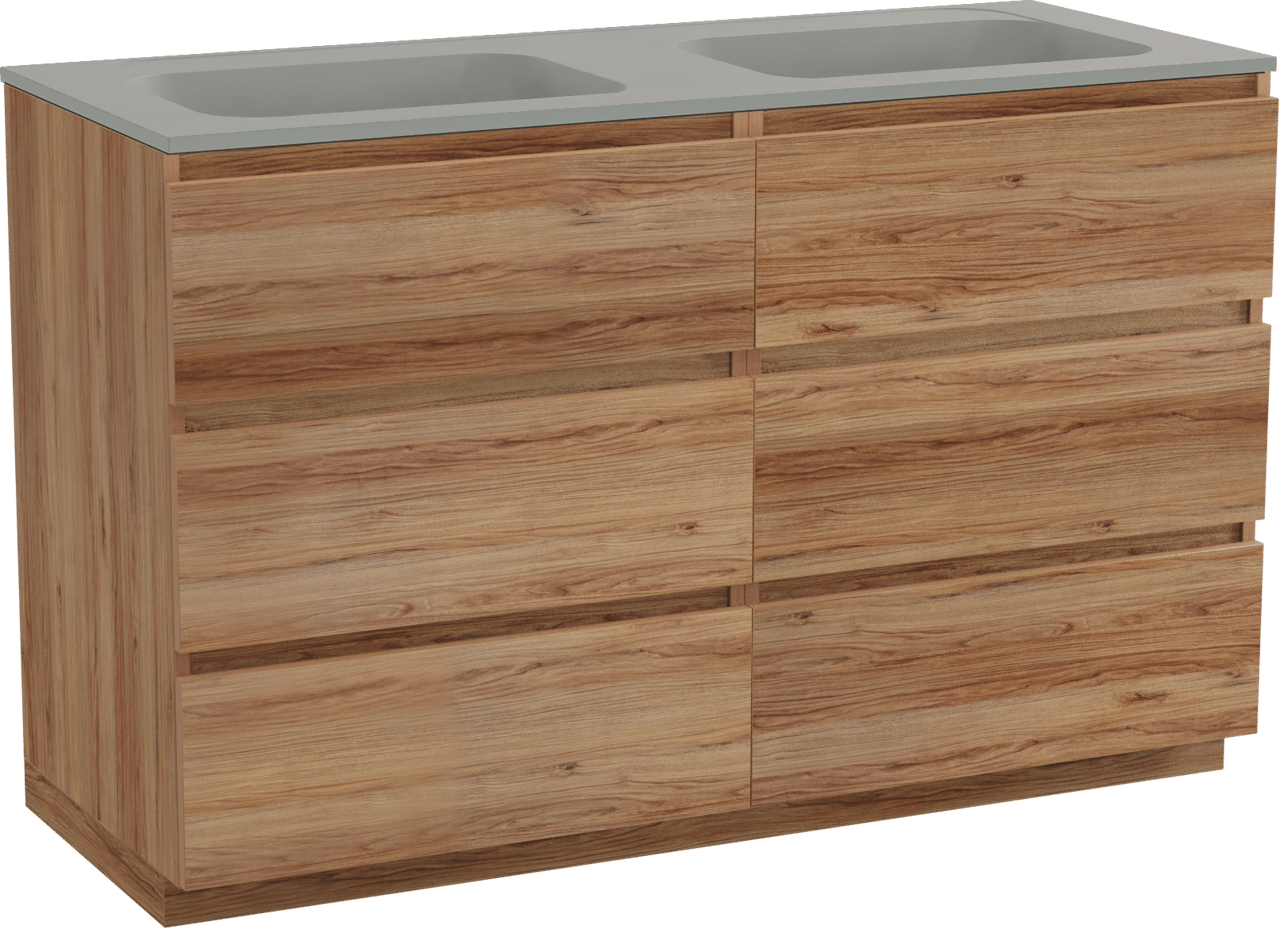 Balmani Lucida freistehendes Möbelstück Set: 135 x 55 cm, Teak, mit Tablo Strada Doppelwaschtisch, Marmorkomposit Seidengrau