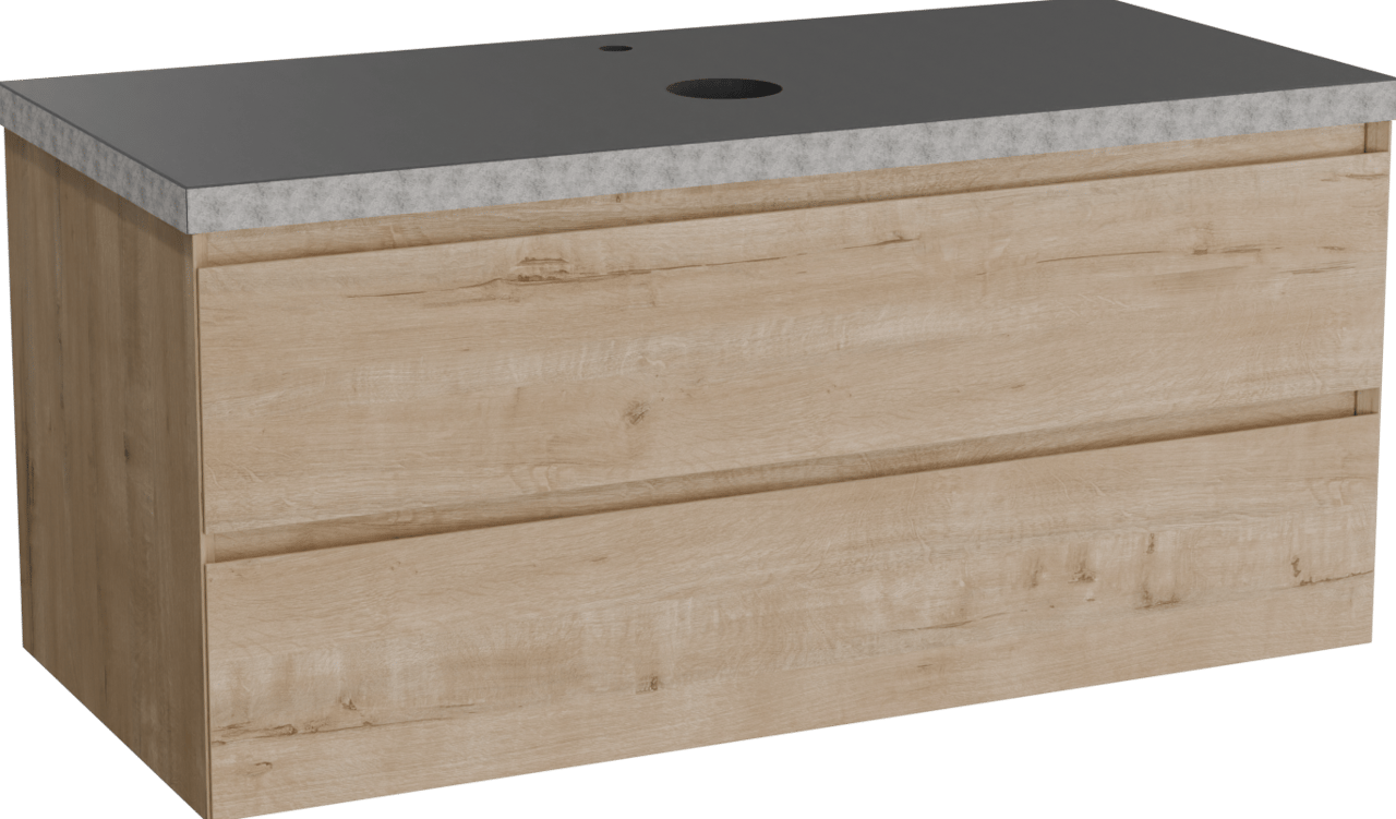 Balmani Mitra hängendes Möbelstück Set: 120 x 55 cm, Rohe Eiche, mit Rock Einzel Waschtischplatte, Schwarzes Granit