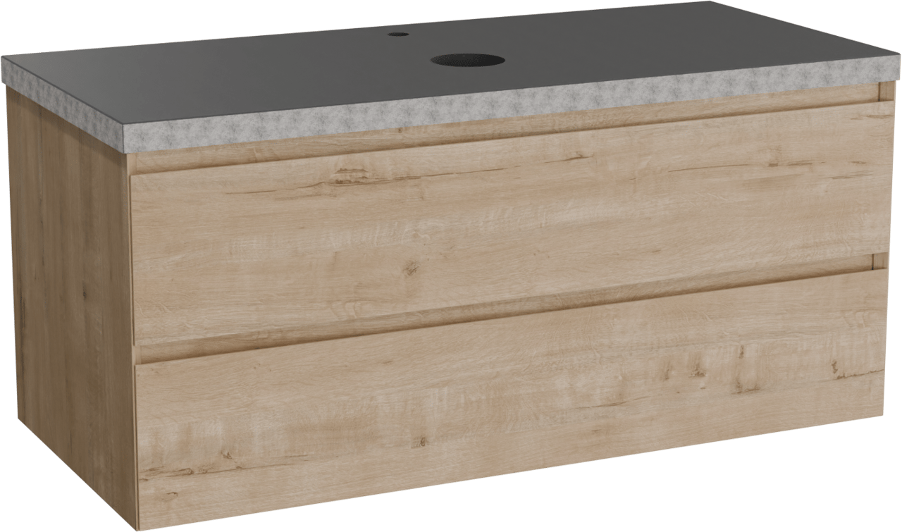 Balmani Mitra hängendes Möbelstück Set: 120 x 55 cm, Rohe Eiche, mit Rock Einzel Waschtischplatte, Schwarzes Granit