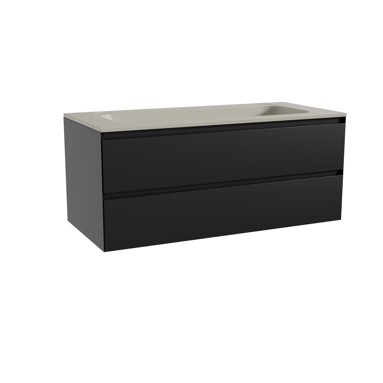 Balmani Mitra hängendes Möbelstück Set: 120 x 55 cm, Schwarz matt, mit Tablo Strada Einzelwaschtisch für 2 Armaturenlöcher, Marmorkomposit Seidengrau