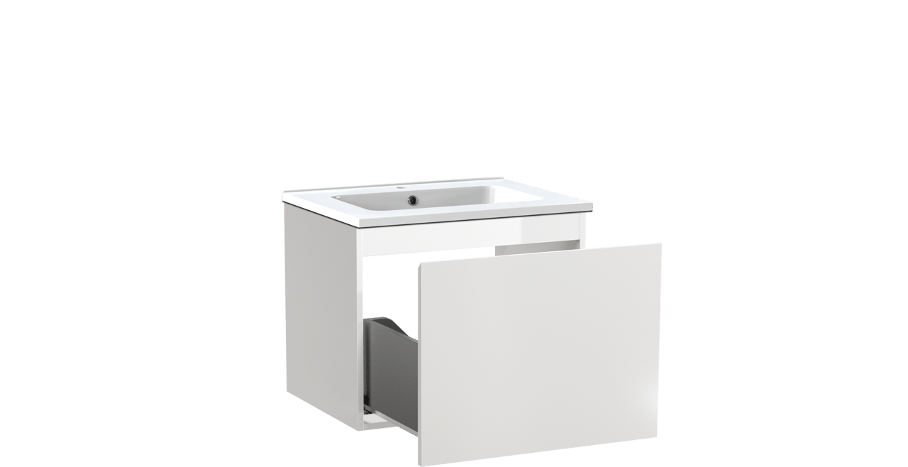 Linie Lado meuble salle de bains suspendu 60 x 46 cm blanc brillant avec Vano plan simple en marbre composite blanc brillant