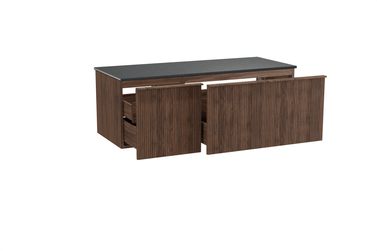 Balmani Forma meuble salle de bains suspendu 135 x 55 cm noyer américain avec Stretto tablette simple ou double en granit noir, Nervure droite symétrique verticale