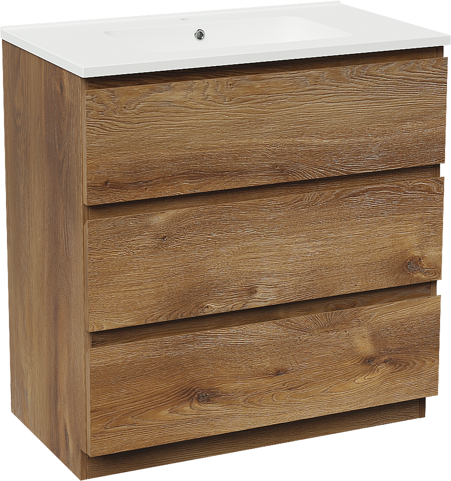 Linie Lado staand badkamermeubel 80 x 46 cm bruine eik met Vano enkele wastafel in composietmarmer mat wit