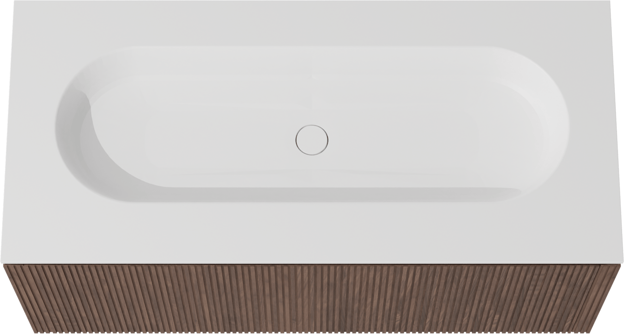 Balmani Eclips meuble salle de bains suspendu 120 x 55 cm Noyer américain avec Tablo Oval lavabo simple pour 2 trous de robinet en Solid Surface blanc mat, Nervure droite symétrique verticale