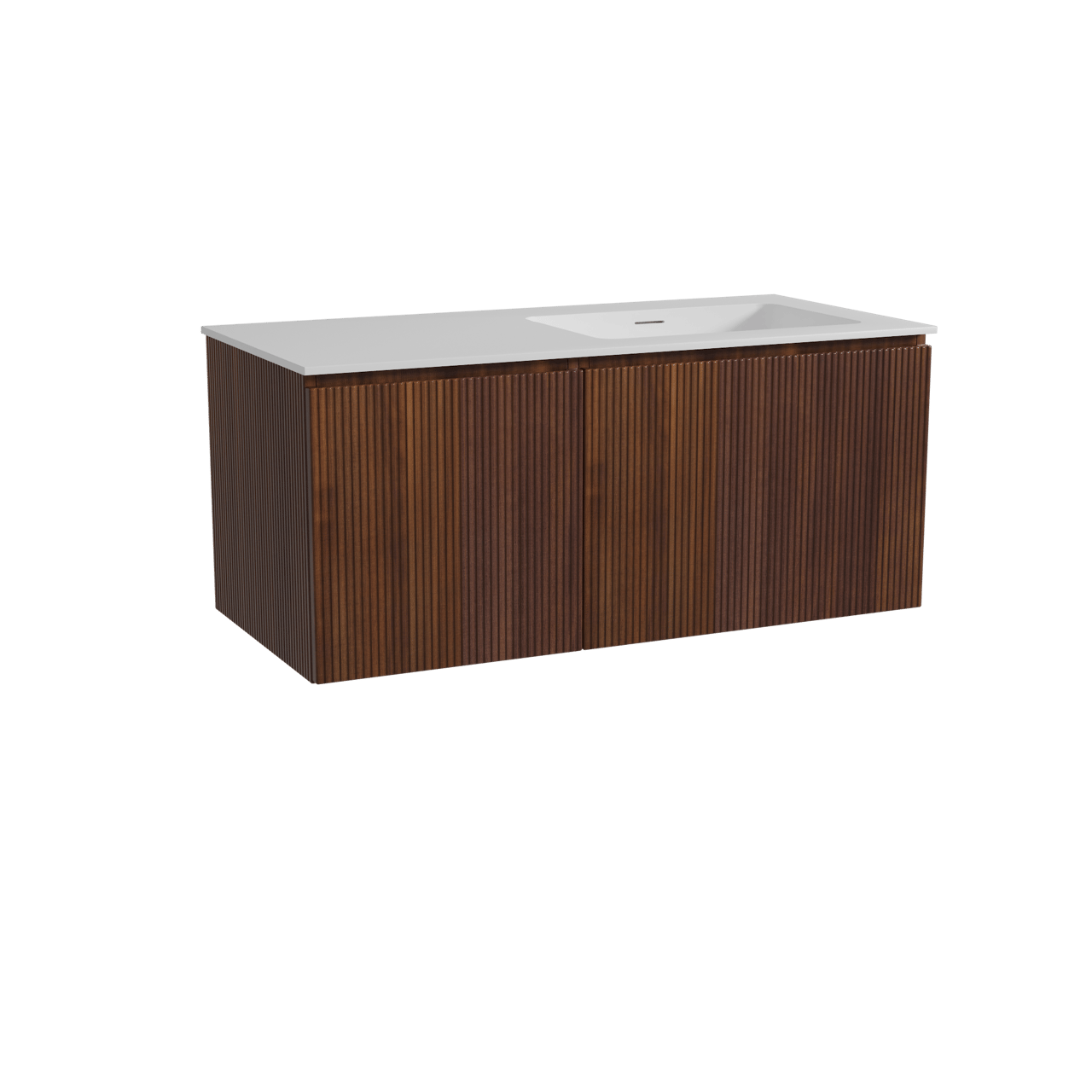 Storke Ribs hängendes Möbelstück Set: 110 x 52 cm, Nussbaum, mit Mata Waschtisch rechts, Solid Surface, Weiß matt, Vertikale symmetrische gerade Rippe