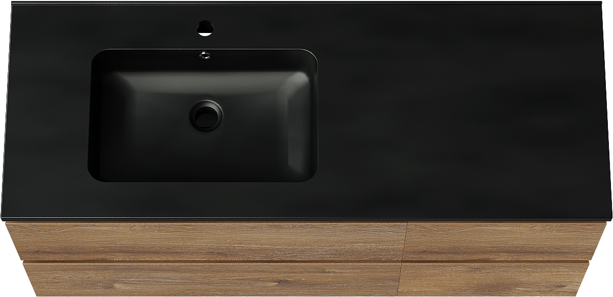 Linie Lado meuble salle de bains suspendu 120 x 46 cm chêne brun avec Vano vasque asymétrique gauche en marbre composite noir mat