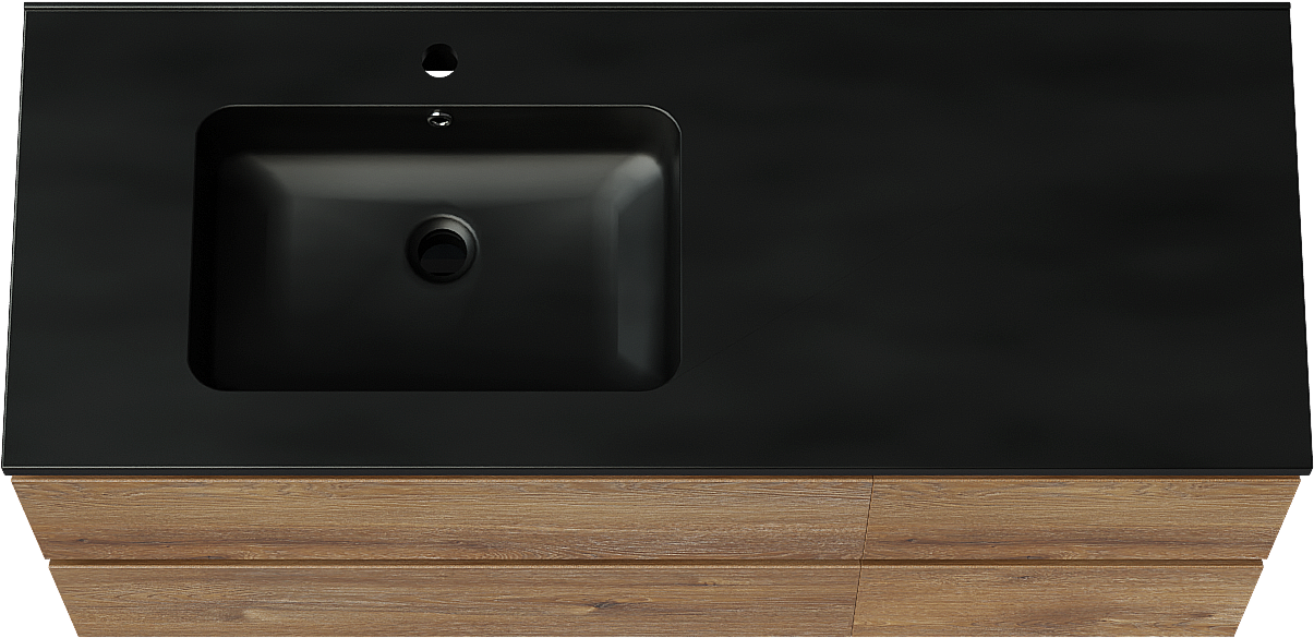 Linie Lado meuble salle de bains suspendu 120 x 46 cm chêne brun avec Vano vasque asymétrique gauche en marbre composite noir mat