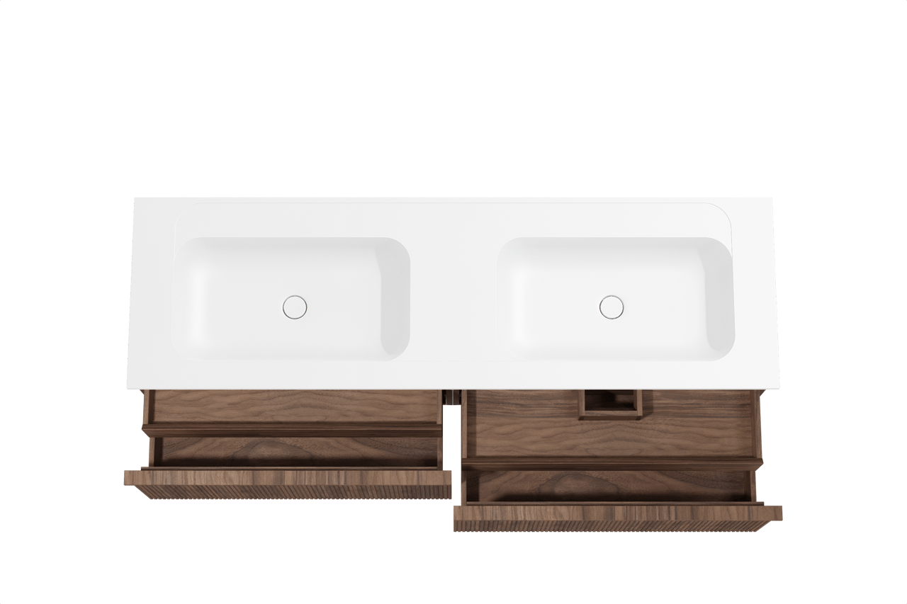 Balmani Forma hängendes Möbelstück Set: 180 x 55 cm, Amerikanischer Nussbaum, mit Tablo Strada Doppelwaschtisch, Marmorkomposit, Weiß matt, Vertikale symmetrische gerade Rippe