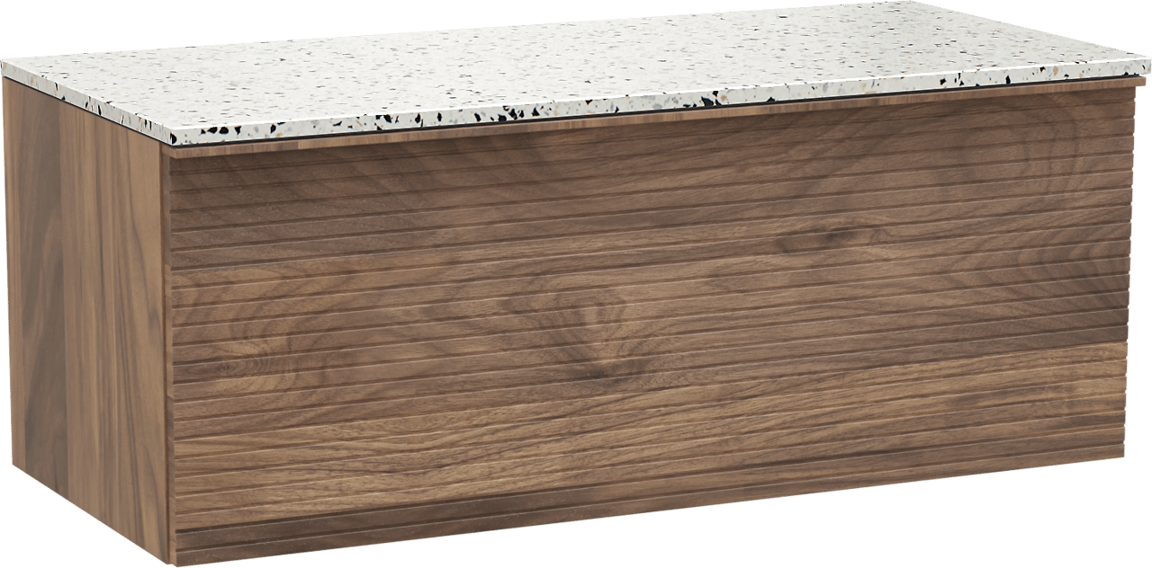 Balmani Forma hängendes Möbelstück Set: 120 x 55 cm, Amerikanischer Nussbaum, mit Stretto Einzel- oder Doppel Waschtischplatte, Terrazzo in Weiß/Schwarz matt, Horizontale symmetrische gerade Rippe