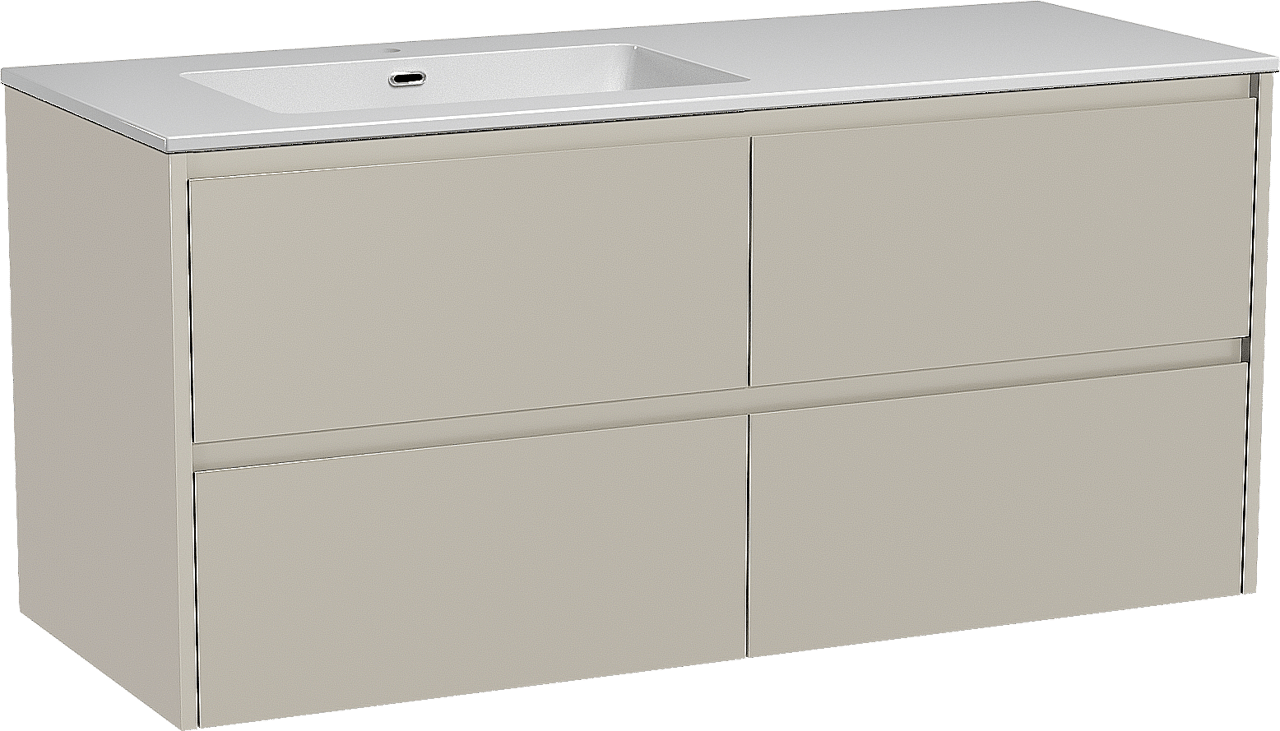 Storke Seda zwevend badmeubel 130 x 52 cm zijdegrijs met Diva asymmetrisch linkse wastafel in composietmarmer hoogglans wit