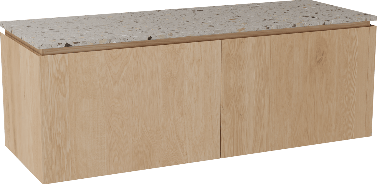 Balmani Eclips hängendes Möbelstück Set: 150 x 55 cm, Eiche Natur, mit Stretto Einzel- oder Doppel Waschtischplatte Greige Terrazzo