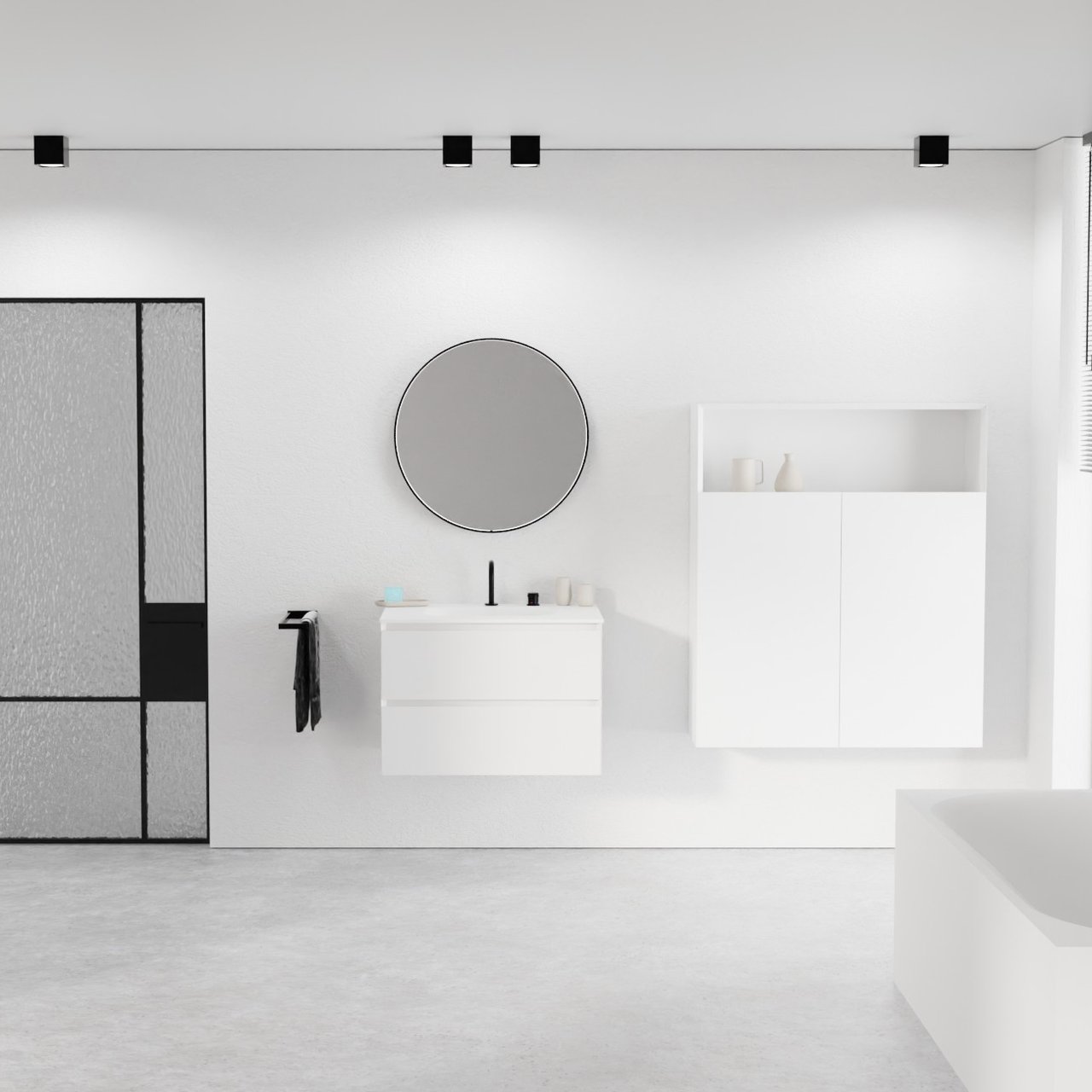 Balmani Mitra hängendes Möbelstück Set: 75 x 55 cm, Weiß matt, mit Tablo Arcato Einzelwaschtisch, Solid Surface Weiß matt