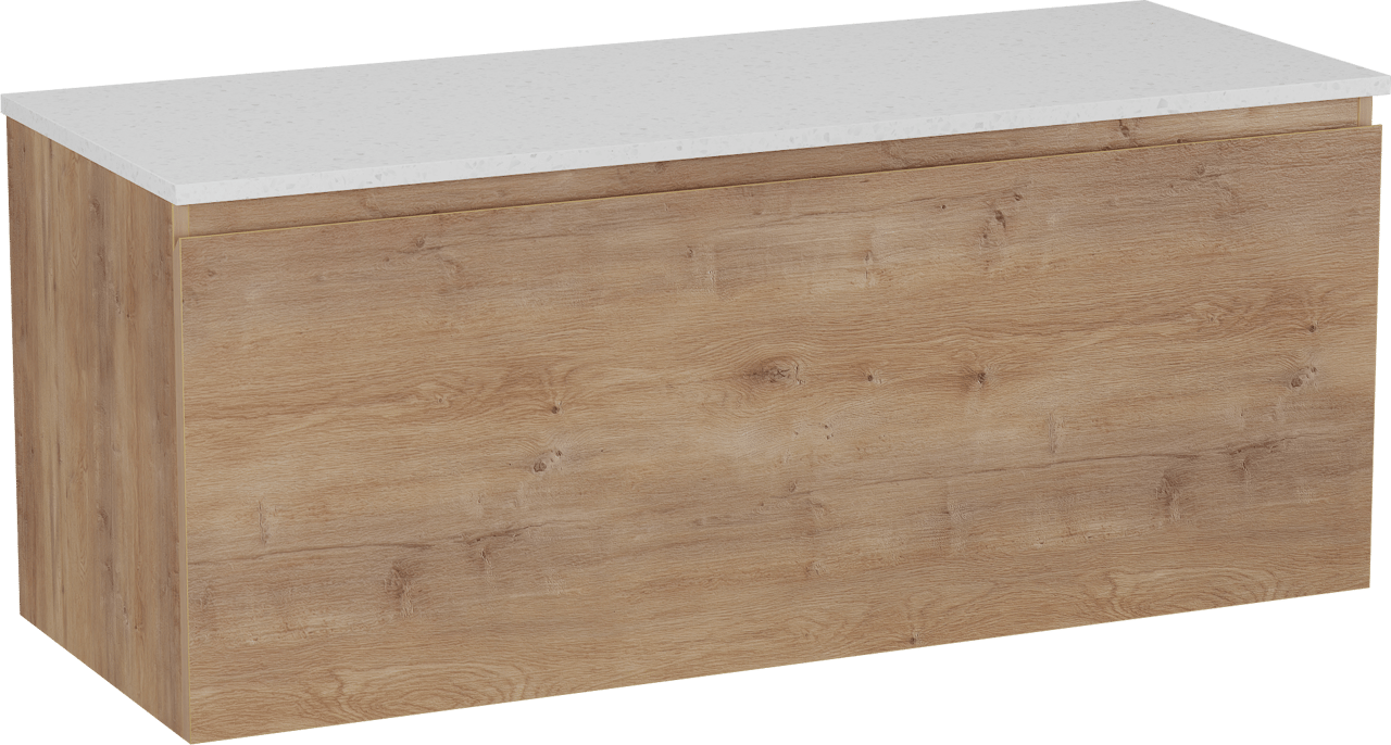 Linie Lado meuble salle de bains suspendu 120 x 46 cm chêne naturel avec Lado tablette simple ou double en mélaminé terrazzo blanc