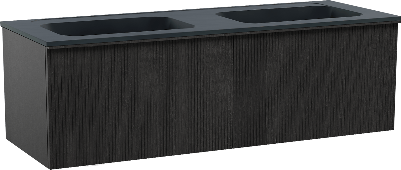 Balmani Forma hängendes Möbelstück Set: 150 x 55 cm, Schwarze Eiche, mit Tablo Strada Doppelwaschtisch, Marmorkomposit, Schwarz matt, Vertikale symmetrische gerade Rippe