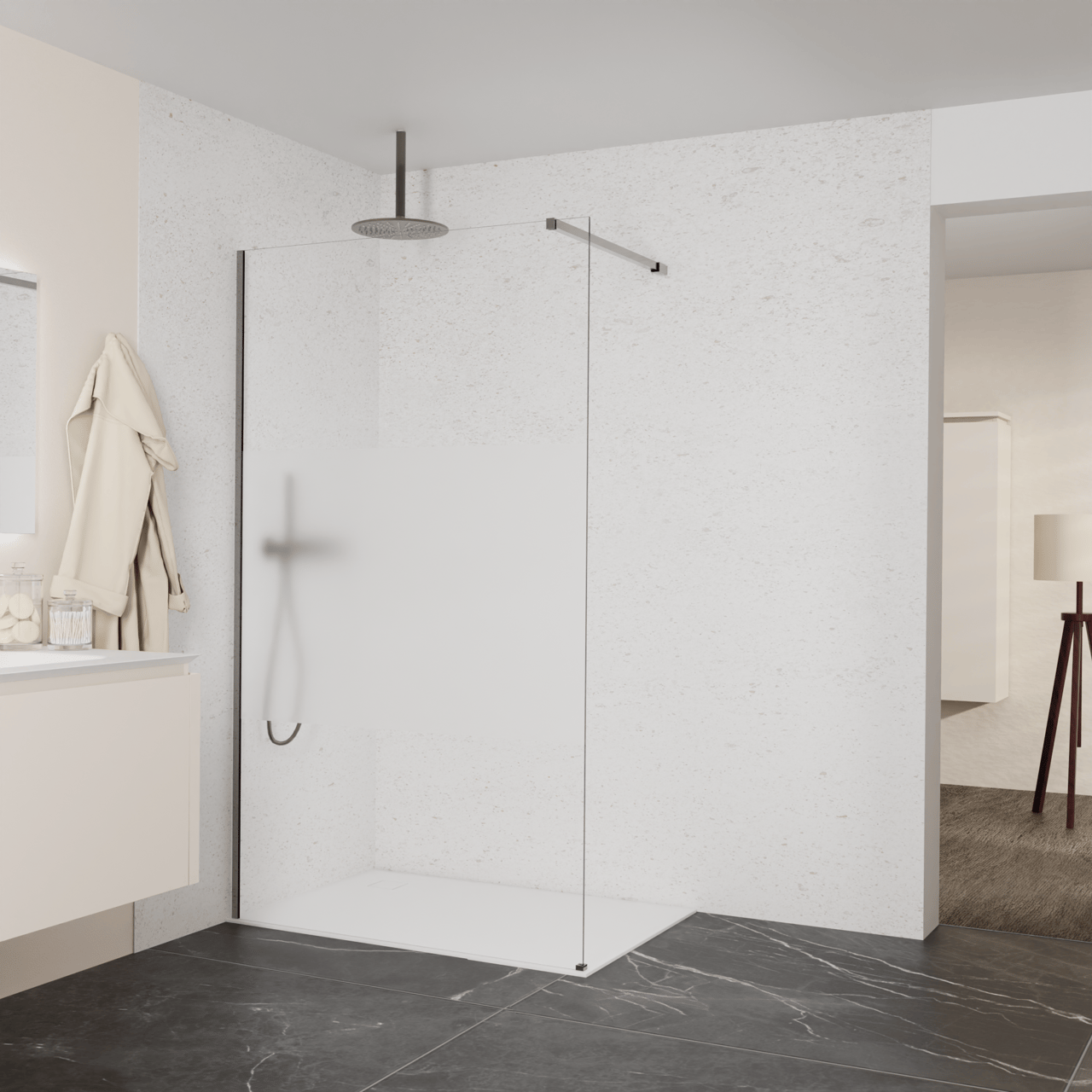 Balmani Modular Walk-In Dusche: 120 x 200 cm, Klarglas mit mattiertem Streifen, inklusive Coating, Profil Brushed GunMetal