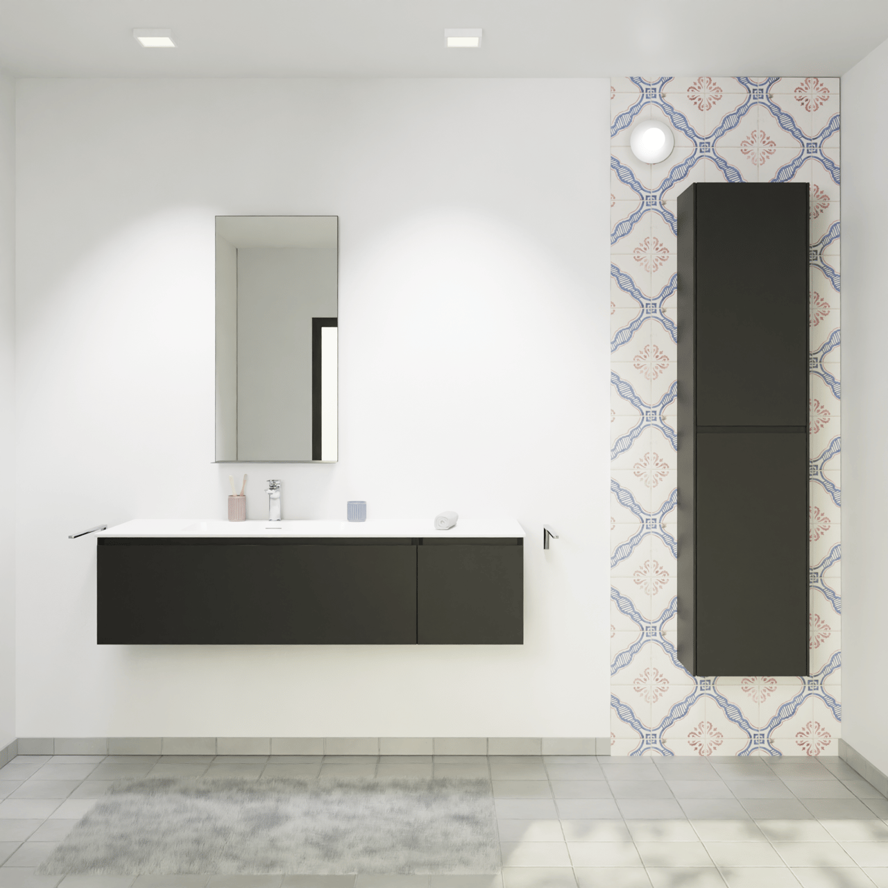 Storke Edge zwevend badmeubel 140 x 52 cm mat zwart met Mata asymmetrisch linkse wastafel in solid surface mat wit