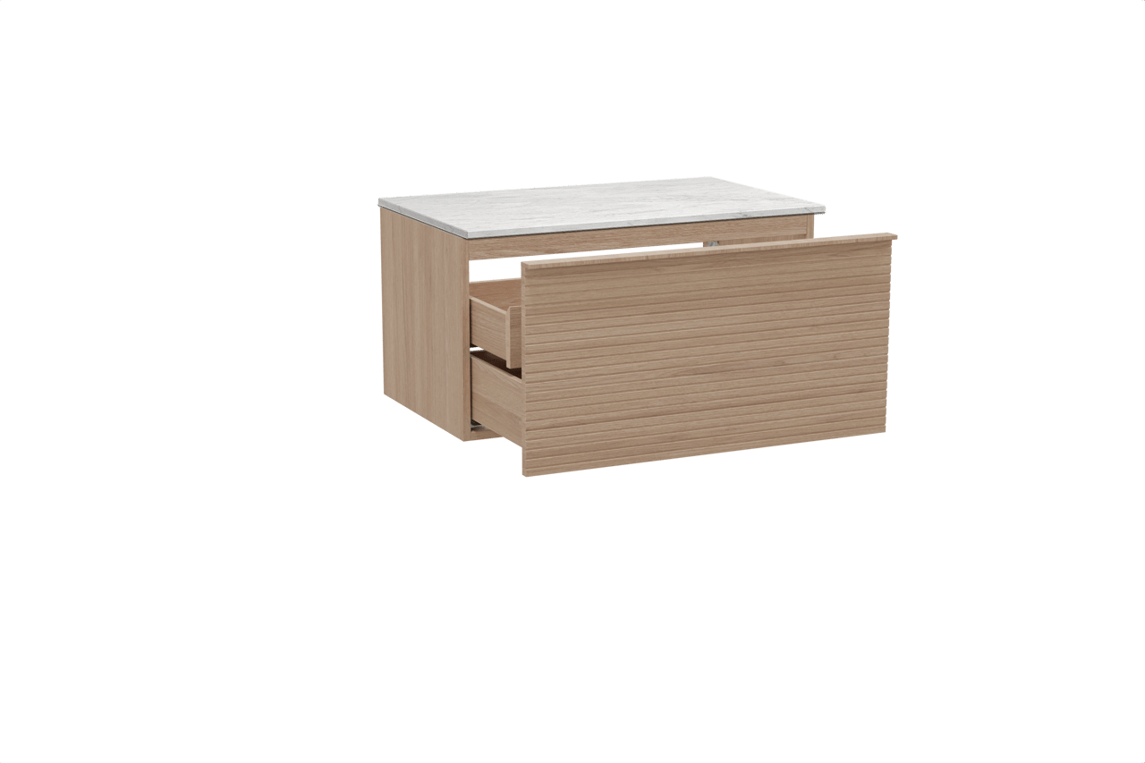 Balmani Forma hängendes Möbelstück Set: 90 x 55 cm, Naturbelassene Eiche, mit Stretto Einzel Waschtischplatte, Marmor, Carrara, Horizontale symmetrische gerade Rippe