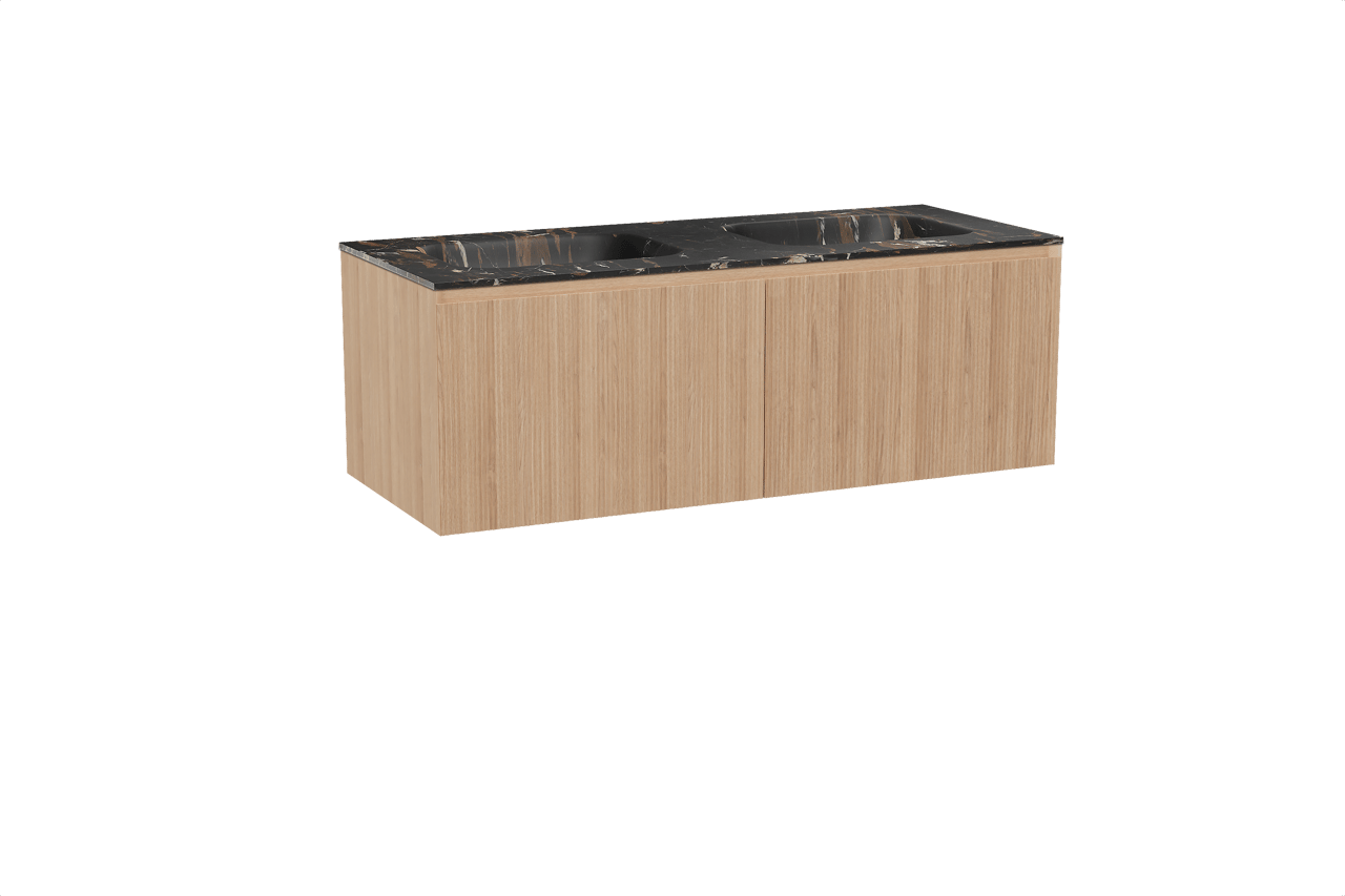 Balmani Fila hängendes Möbelstück Set: 135 x 55 cm, Naturbelassene Eiche, mit Tablo Arcato Doppelwaschtisch, Marmor, Portoro Gold, Vertikale symmetrische gerade Rippe