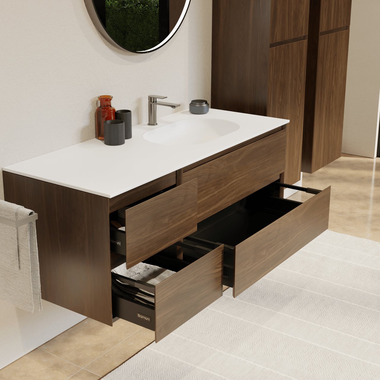 Balmani Mitra meuble salle de bains suspendu 135 x 55 cm noyer américain avec Tablo Oval plan vasque asymétrique à droite en solid surface blanc mat