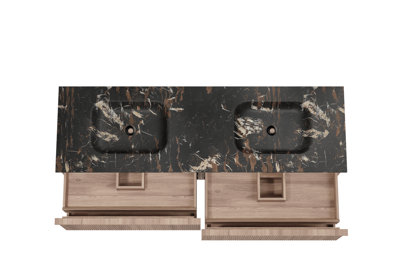 Balmani Forma hängendes Möbelstück Set: 180 x 55 cm, Teak, mit Tablo Arcato Doppelwaschtisch, Marmor, Portoro Gold, Vertikale symmetrische gerade Rippe