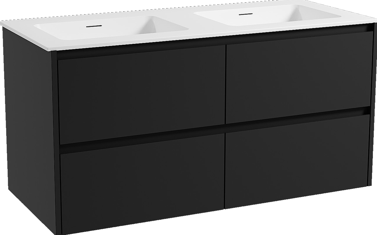 Storke Seda zwevend badmeubel 120 x 52 cm mat zwart met Mata dubbele wastafel in solid surface mat wit