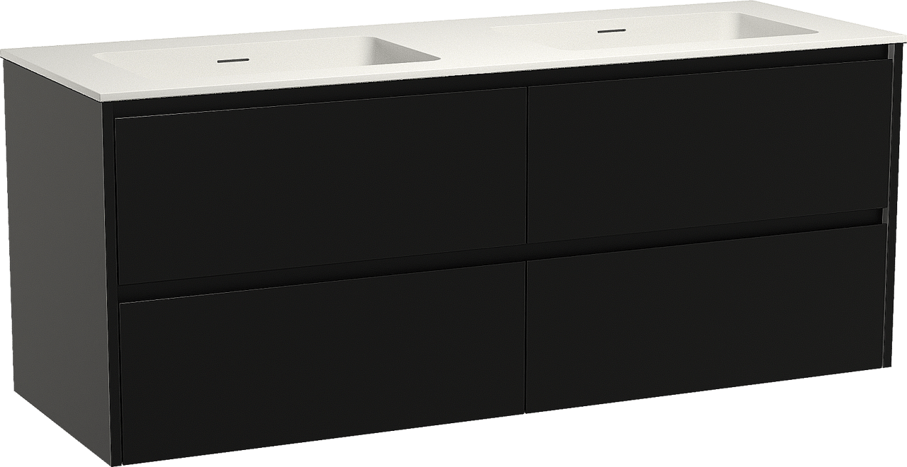 Storke Seda zwevend badmeubel 150 x 52 cm mat zwart met Mata dubbele wastafel in solid surface mat wit