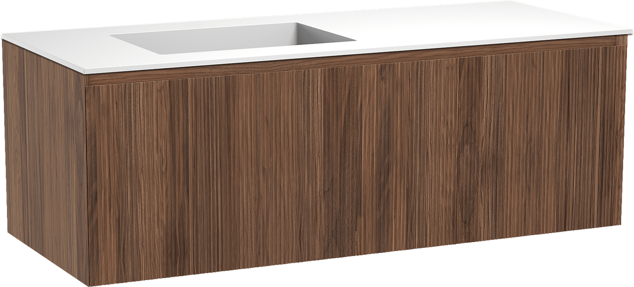 Balmani Fila meuble salle de bains suspendu 135 x 55 cm noyer avec Tablo Stretto vasque asymétrique gauche en solid surface blanc mat, Nervure droite symétrique verticale