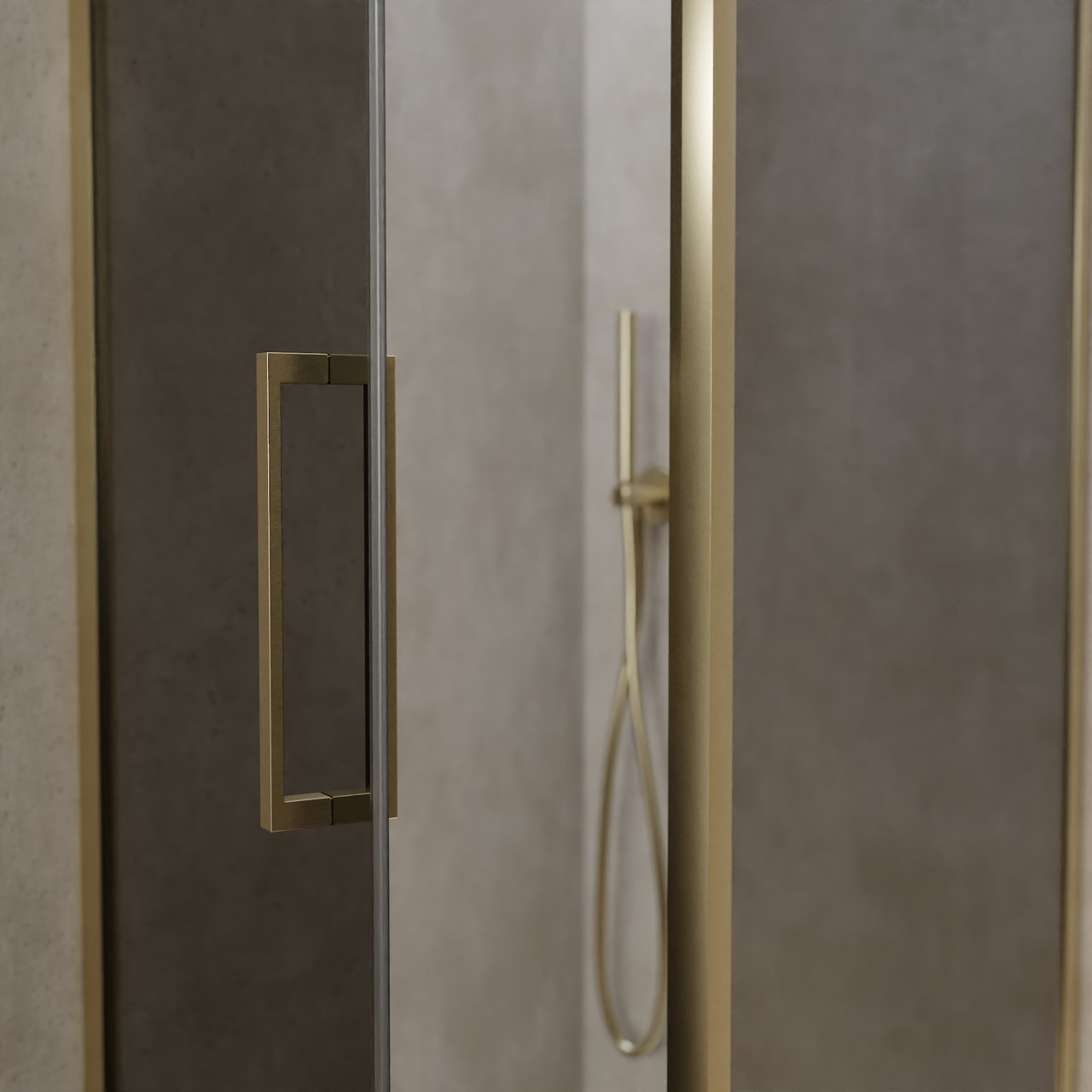 Balmani Senses Design douchehoek met linkse draaideur en vaste zijwand, 90 x 90 cm, Rookglas, Brushed Champagne Gold profielen, met coating