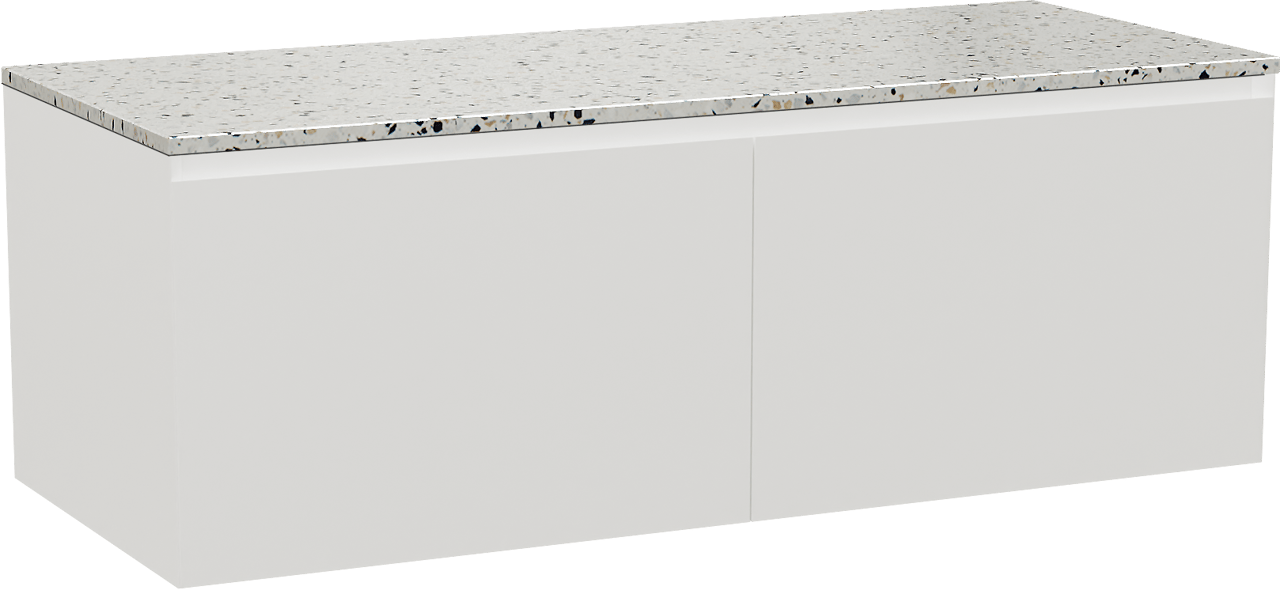 Balmani Idra zwevend badkamermeubel 135 x 55 cm mat wit met Stretto enkel of dubbel tablet in mat wit/zwart terrazzo