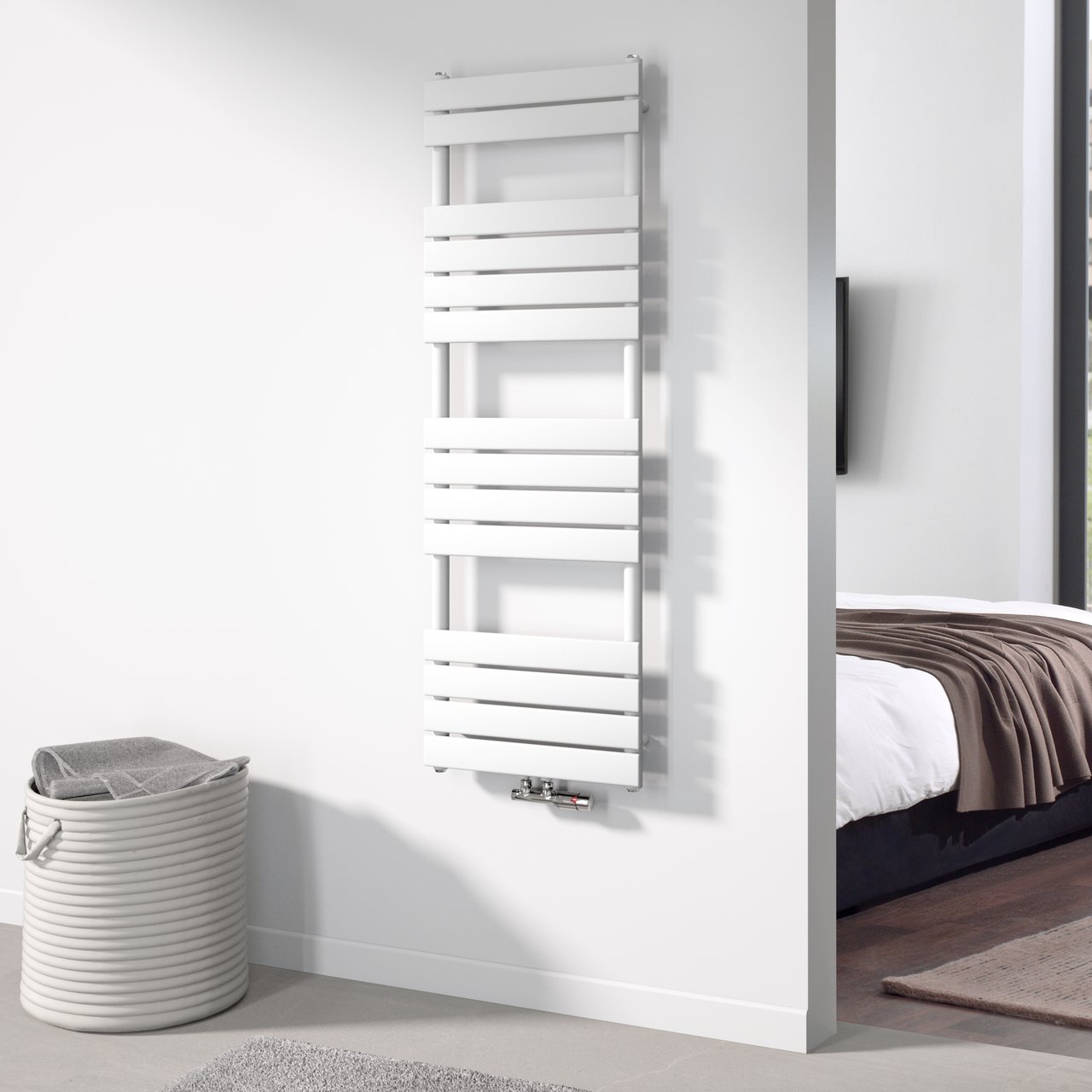 Vipera Vulcan enkele handdoekradiator 50 x 150 cm centrale verwarming mat wit zij- en middenaansluiting 884W