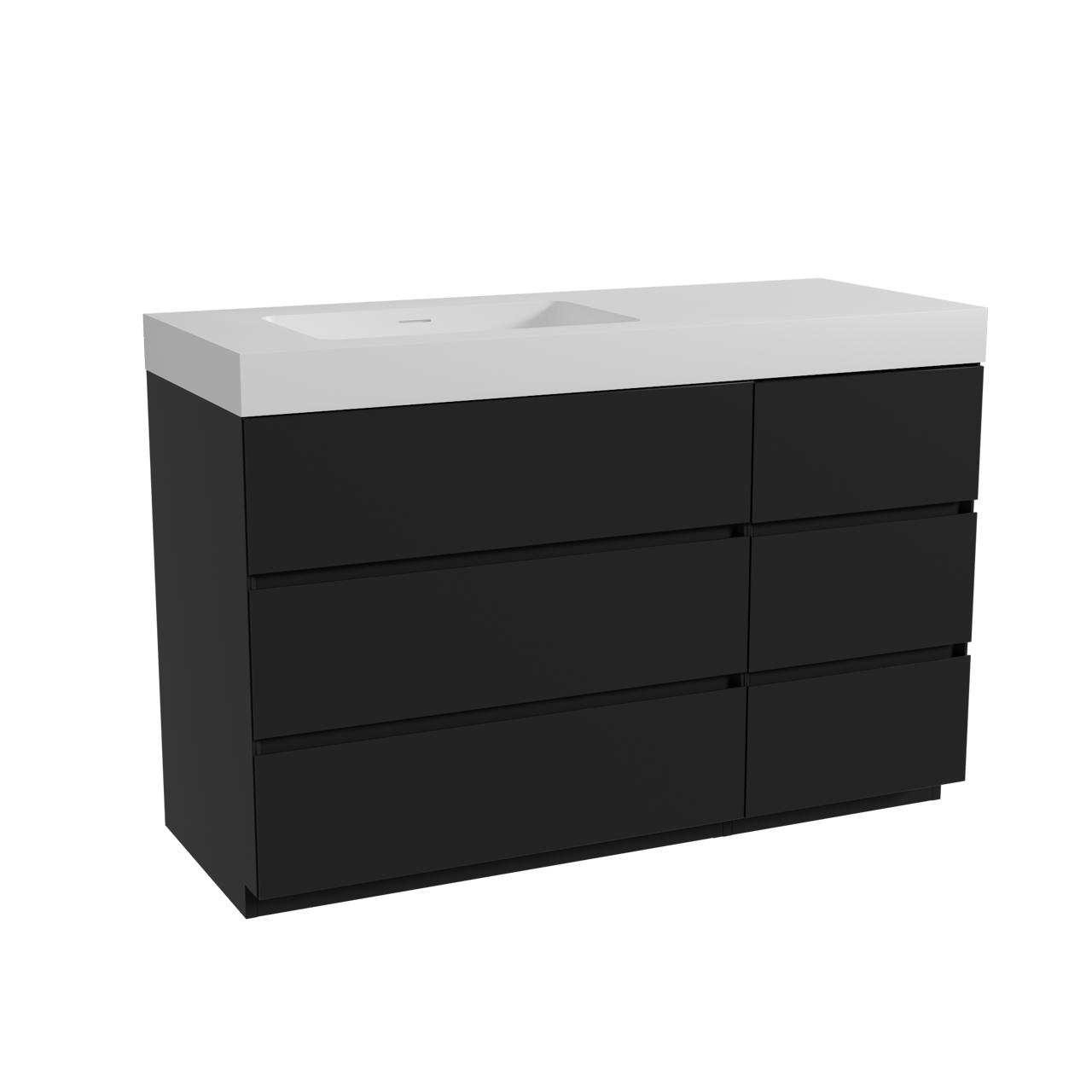 Storke Edge staand badkamermeubel 130 x 52 cm mat zwart met Mata High asymmetrisch linkse wastafel in solid surface mat wit