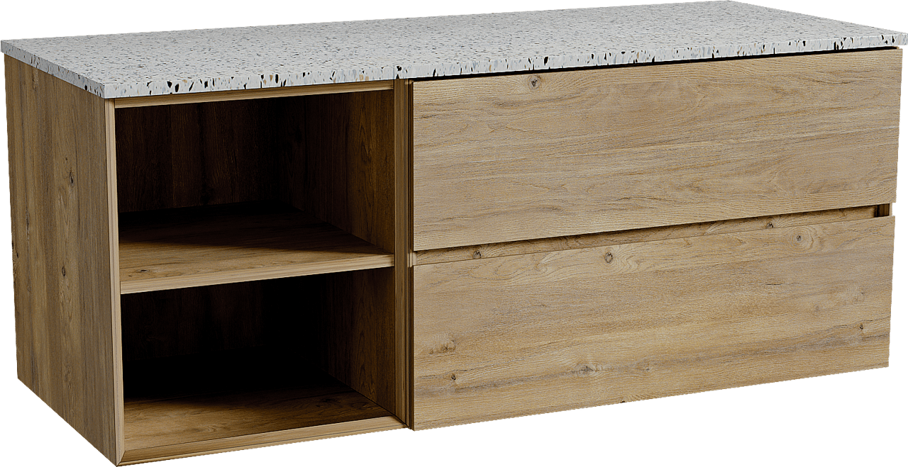 Storke Edge hängendes Möbelstück Set: 130 x 52 cm, Rohe Eiche, mit Tavola Einzel- oder Doppel Waschtischplatte, Terrazzo in Weiß/Schwarz matt